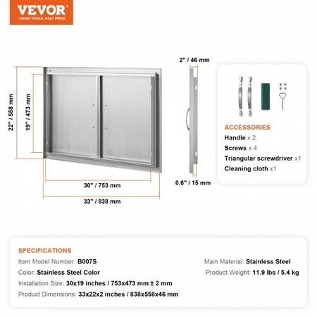 BBQ Access Door 838x558 mm Double Outdoor Kitchen Door Stainless Steel Flush Mount Door Wall Vertical Door with Handles for BBQ Island Grilling