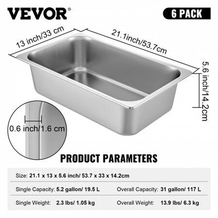 Hotel Pan Full Size 6-Inch Steam Table Pan 6 Pack 22 Gauge/0.8mm Thick Stainless Steel Full Size Hotel Pan Anti Jam Steam Table Pan