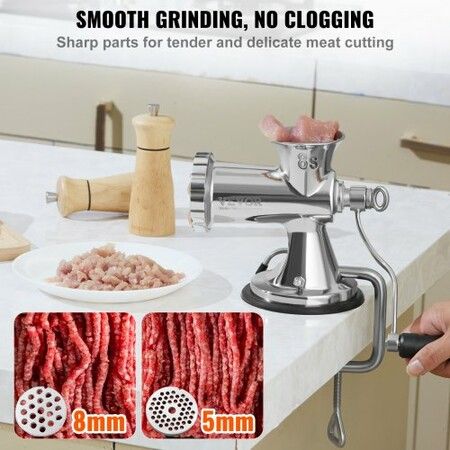 Manual Meat Grinder 304 Stainless Steel Hand Meat Grinder with Suction Cup + Steel Table Clamp Meat Mincer Sausage Maker & 2 Cutting Plates Sausage Tube