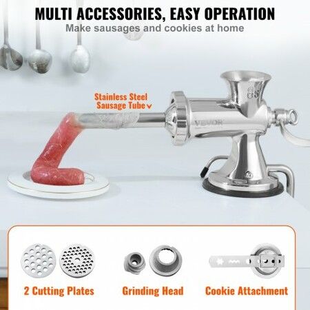 Manual Meat Grinder 304 Stainless Steel Hand Meat Grinder with Suction Cup + Steel Table Clamp Meat Mincer Sausage Maker & 2 Cutting Plates Sausage Tube