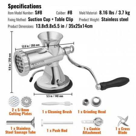 Manual Meat Grinder 304 Stainless Steel Hand Meat Grinder with Suction Cup + Steel Table Clamp Meat Mincer Sausage Maker & 2 Cutting Plates Sausage Tube