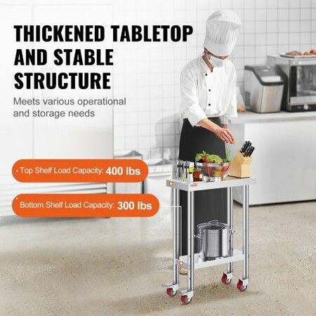 Stainless Steel Work Table with Wheels 24 x 12 x 32 Inch Prep Table with 4 Casters Heavy Duty Work Table for Commercial Kitchen Restaurant Business