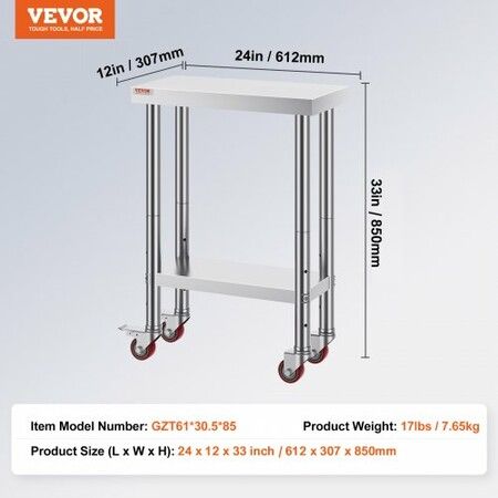 Stainless Steel Work Table with Wheels 24 x 12 x 32 Inch Prep Table with 4 Casters Heavy Duty Work Table for Commercial Kitchen Restaurant Business