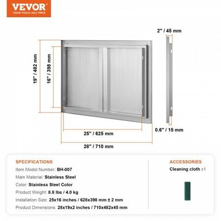 BBQ Access Door 710x482 mm Double Outdoor Kitchen Door Stainless Steel Flush Mount Door Wall Vertical Door with Recessed Handles  for BBQ Island Grilling