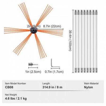 8 m Chimney Sweep Kit w/ 8Reinforced Nylon Flexible Rods Ergonomic Chimney Cleaning Brush 360-Degree Brush Chimney Cleaner Rich Accessories for Fireplace