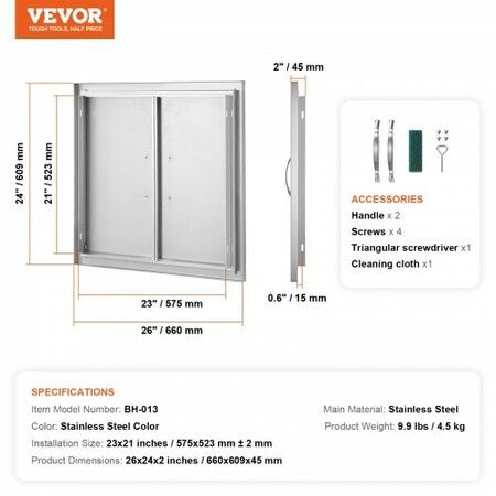 BBQ Access Door 660x609 mm Double Outdoor Kitchen Door Stainless Steel Flush Mount Door Wall Vertical Door with Handles for BBQ Island Grilling