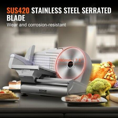 Meat Slicer 180W Electric Deli Food Slicer with 7.5" SUS420 Stainless Steel Blade and Blade Guard 0 - 0.6 inch Adjustable Thickness for Home Use