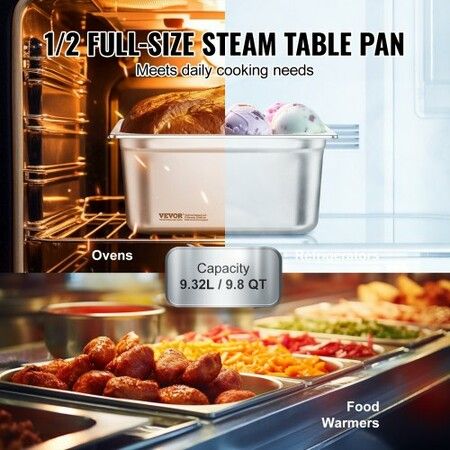 6 Pack Hotel Pans 1/2 Size Anti-Jam Steam Pan 0.8mm Thick Stainless Steel Restaurant Steam Table Pan 6-Inch Deep Commercial Table Pan Catering Storage