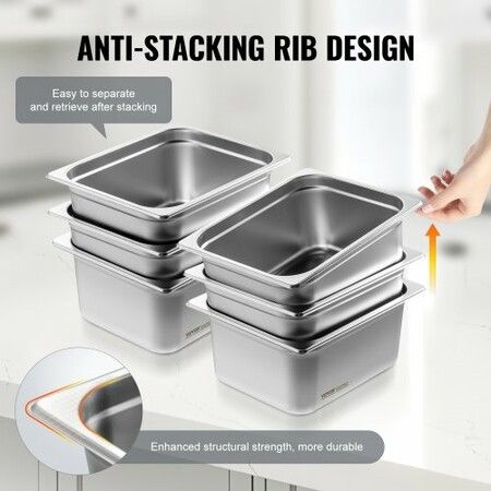 6 Pack Hotel Pans 1/2 Size Anti-Jam Steam Pan 0.8mm Thick Stainless Steel Restaurant Steam Table Pan 6-Inch Deep Commercial Table Pan Catering Storage