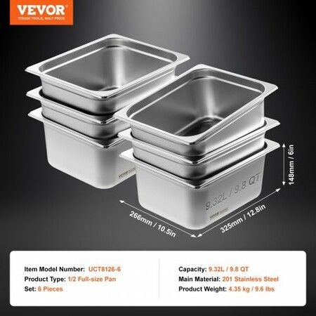 6 Pack Hotel Pans 1/2 Size Anti-Jam Steam Pan 0.8mm Thick Stainless Steel Restaurant Steam Table Pan 6-Inch Deep Commercial Table Pan Catering Storage