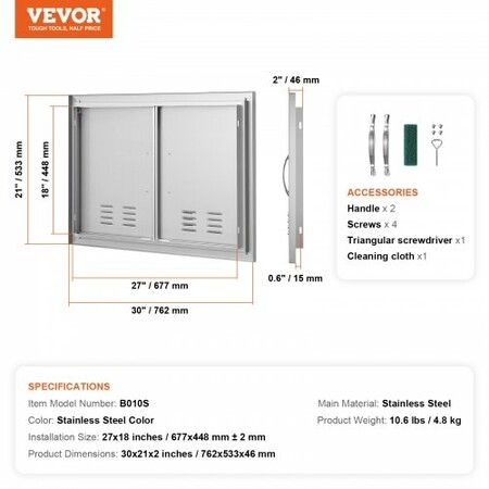 BBQ Access Door 762x533 mm Double Outdoor Kitchen Door Stainless Steel Flush Mount Door Wall Vertical Door with Handles and Vents for BBQ Island Grilling