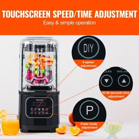 Professional Blender with Shield Commercial Countertop Blenders 2L Jar Blender Combo Stainless Steel 9 Speed & 5 Functions Blender for Shakes Smoothies