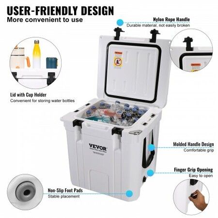 Insulated Portable Cooler 31 L Holds 35 Cans Ice Retention Hard Cooler with Heavy Duty Handle Ice Chest Lunch Box for Camping Beach Picnic Travel