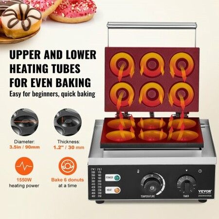 Electric Donut Maker 1550W Commercial Doughnut Machine with Non-stick Surface 6 Holes Double-Sided Heating Waffle Machine Makes 6 Doughnuts