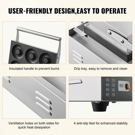 Electric Donut Maker 1550W Commercial Doughnut Machine with Non-stick Surface 6 Holes Double-Sided Heating Waffle Machine Makes 6 Doughnuts
