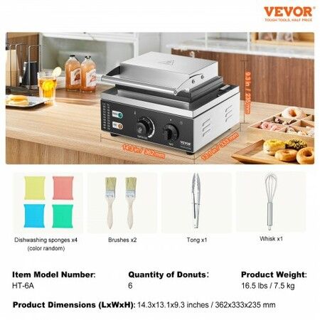 Electric Donut Maker 1550W Commercial Doughnut Machine with Non-stick Surface 6 Holes Double-Sided Heating Waffle Machine Makes 6 Doughnuts