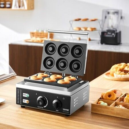 Electric Donut Maker 1550W Commercial Doughnut Machine with Non-stick Surface 6 Holes Double-Sided Heating Waffle Machine Makes 6 Doughnuts