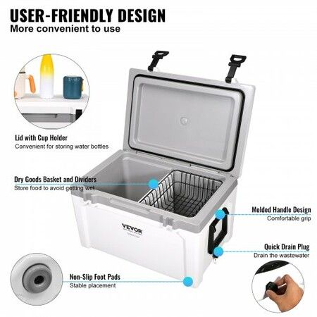 Insulated Portable Cooler 49 L Holds 50 Cans Ice Retention Hard Cooler with Heavy Duty Handle Ice Chest Lunch Box for Camping Beach Picnic Travel