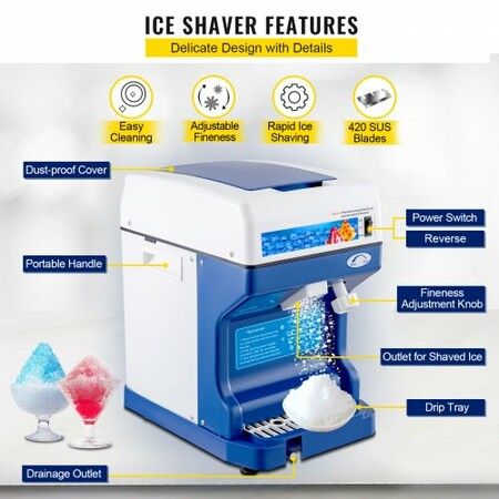 Ice Shaver 265LBS/Hour Snow Cone Frozen Ice Shaving Slushie Dessert Maker Stainless Steel Food Grade for Kitchen Home Bars