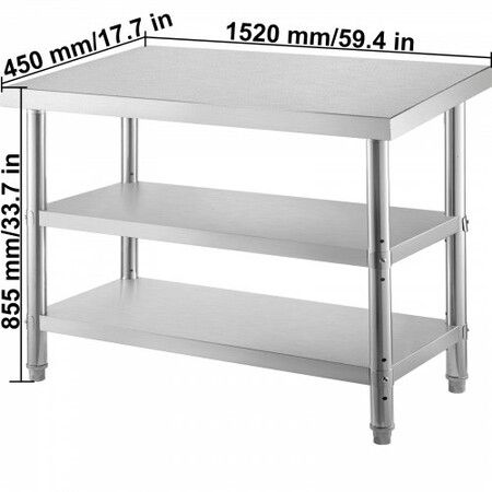 Stainless Steel Prep Table 1520x450x855 mm Commercial Stainless Steel Table 2 Adjustable Undershelf BBQ Prep Table Heavy Duty Kitchen Work Table