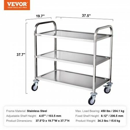 3-Tier Utility Cart Rolling Cart on Wheels 37.5"x20"x37.7" 450 LBS 6 Hooks