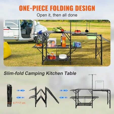 SKYSHALO Portable Camp Kitchen Foldable Outdoor Cooking Station with Carrying Case Extended Aluminum Table 3 Auxiliary Tables Dual Shelves & Removable Sink