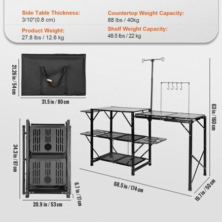 SKYSHALO Portable Camp Kitchen Foldable Outdoor Cooking Station with Carrying Case Extended Aluminum Table 3 Auxiliary Tables Dual Shelves & Removable Sink