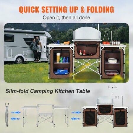 Camping Kitchen Table Folding Outdoor Cooking Table with Storage Carrying Bag Aluminum Cook Station 3 Cupboard & Detachable Windscreen Quick Set-up