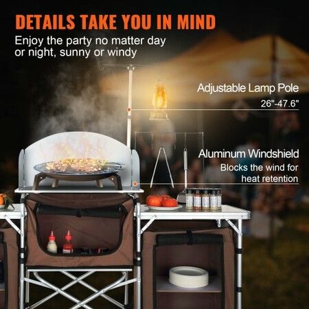 Camping Kitchen Table Folding Outdoor Cooking Table with Storage Carrying Bag Aluminum Cook Station 3 Cupboard & Detachable Windscreen Quick Set-up