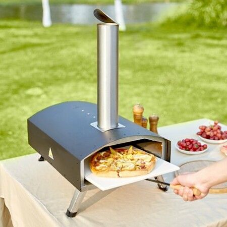 Outdoor Pizza Oven 12-inch Wood Pellet and Charcoal Fired Pizza Maker Portable Outside Stainless Steel Pizza Grill with Pizza Stone Waterproof Cover Shovel