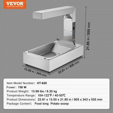 French Fry Food Warmer 750W Commercial Food Heating Lamp Electric Stainless Steel Warming Light Dump Station Countertop 104-122 degreeF Fries Food Warmer