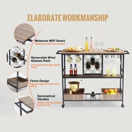 3-Tier Bar Serving Cart Rolling Trolley with Wine Grid Glass Holder 300LBS