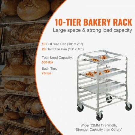 Bun Pan Rack 10-Tier Commercial Bakery Racks with Brake Wheels Aluminum Racking Trolley Storage for Half & Full Sheet Speed Rack 660x515x985 mm