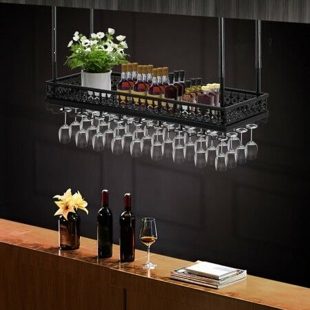 Ceiling-Mounted Bar Wine Rack Wine Glass Hanging Rack 35.8x13in Black