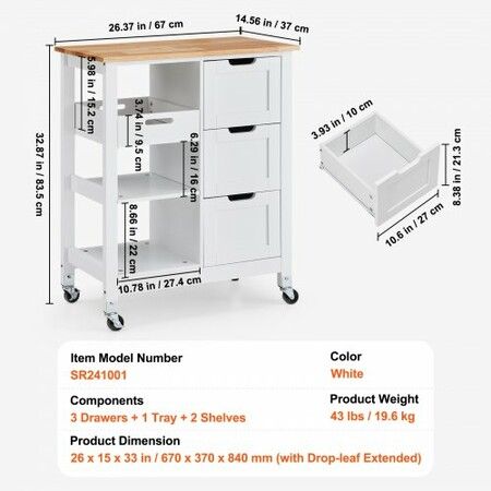 Kitchen Island Cart Rolling Storage Cabinet on Wheel with Drawer & Shelves