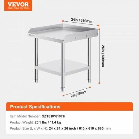 Stainless Steel Work Table 24x24x26 Inch Commercial Food Prep Worktable 3-Sided Backsplash Heavy Duty Prep Worktable Metal Work Table w/ Adjustable Height