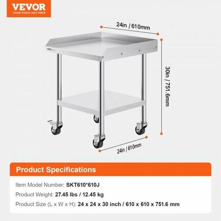 Stainless Steel Work Table 24x24x30 Inch Commercial Food Prep Worktable with 4 Wheels Casters 3-Sided Backsplash Heavy Duty Prep Worktable Metal Work Table