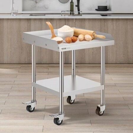 Stainless Steel Work Table 24x24x30 Inch Commercial Food Prep Worktable with 4 Wheels Casters 3-Sided Backsplash Heavy Duty Prep Worktable Metal Work Table