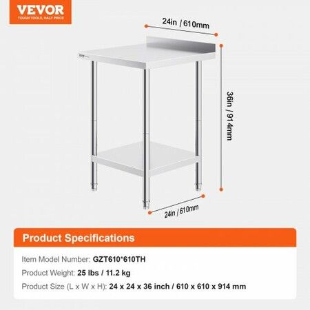 24 x 24 x 36 Inch Stainless Steel Work Table Commercial Food Prep Worktable Heavy Duty Prep Worktable Metal Work Table with Adjustable Height