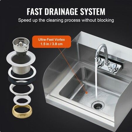 Commercial Hand Sink with Faucet and Side Splash NSF Stainless Steel Sink for Washing Small Hand Washing Sink Wall Mount Hand Basin 43x33 cm