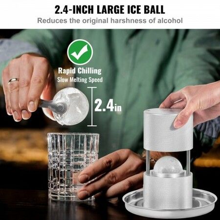 Ice Ball Press Kit Aircraft Al Alloy Ice Press with Ice Block Mold Large Mat Tong Drip Tray One Glass Round Ice Ball Maker 2.4"/60 mm Ice Sphere