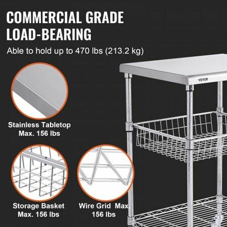 Kitchen Utility Cart 3 Tiers Wire Rolling Cart w/h 213kg Capacity Steel Service Cart on Wheels Metal Storage Trolley w/ 76mm Basket Curved Handle PP Liner