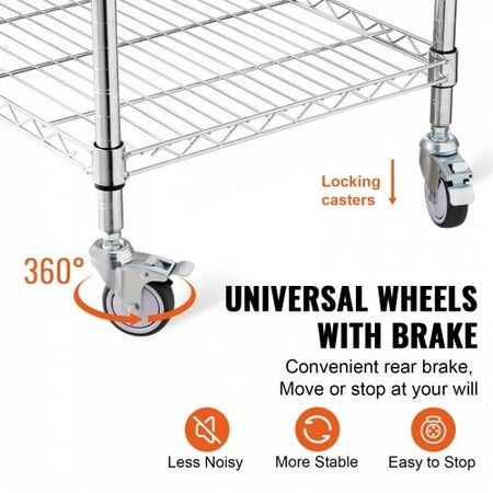 Kitchen Utility Cart 3 Tiers Wire Rolling Cart w/h 213kg Capacity Steel Service Cart on Wheels Metal Storage Trolley w/ 76mm Basket Curved Handle PP Liner