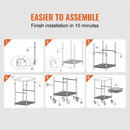 Kitchen Utility Cart 3 Tiers Wire Rolling Cart w/h 213kg Capacity Steel Service Cart on Wheels Metal Storage Trolley w/ 76mm Basket Curved Handle PP Liner