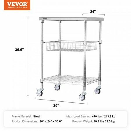 Kitchen Utility Cart 3 Tiers Wire Rolling Cart w/h 213kg Capacity Steel Service Cart on Wheels Metal Storage Trolley w/ 76mm Basket Curved Handle PP Liner