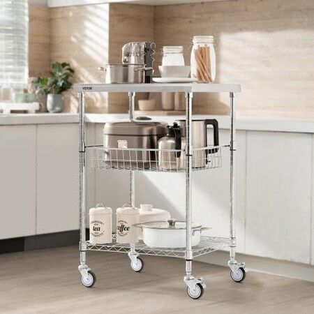 Kitchen Utility Cart 3 Tiers Wire Rolling Cart w/h 213kg Capacity Steel Service Cart on Wheels Metal Storage Trolley w/ 76mm Basket Curved Handle PP Liner