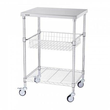 Kitchen Utility Cart 3 Tiers Wire Rolling Cart w/h 213kg Capacity Steel Service Cart on Wheels Metal Storage Trolley w/ 76mm Basket Curved Handle PP Liner