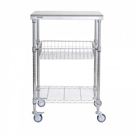 Kitchen Utility Cart 3 Tiers Wire Rolling Cart w/h 213kg Capacity Steel Service Cart on Wheels Metal Storage Trolley w/ 76mm Basket Curved Handle PP Liner