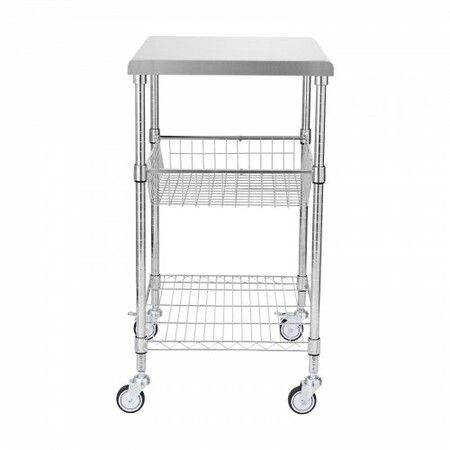 Kitchen Utility Cart 3 Tiers Wire Rolling Cart w/h 213kg Capacity Steel Service Cart on Wheels Metal Storage Trolley w/ 76mm Basket Curved Handle PP Liner