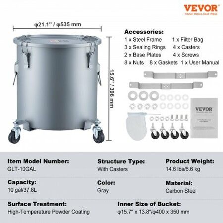 Fryer Grease Bucket 37.8L/10Gal Oil Disposal Caddy with Caster Base Carbon Steel Rust-Proof Coating Oil Transport Container with Lid Lock Clips Filter Bag